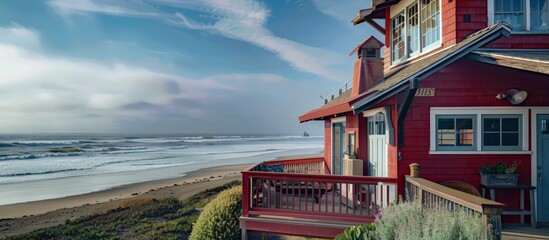 Cheerful ruby red coastal home with a charming balcony, set close to the ocean waves and sunny beach.