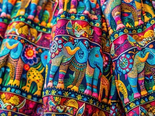 Fototapeta premium Colorful elephant print pants with vibrant patterns perfect for casual wear or summer fashion styles