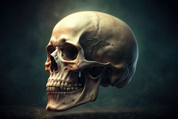 Detailed 3D illustration of a human skull in side view, showcasing intricate bone structure, teeth, and eye sockets in a neutral, monochromatic, and eerie atmosphere.