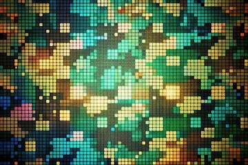 Digital camouflage pattern featuring small, colorful squares reminiscent of old video games, blending into a futuristic, technological background with a subtle grid texture.