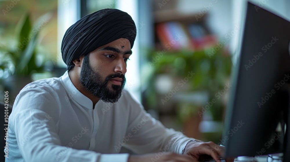 Poster a man wearing a turban is sitting in front of a computer monitor