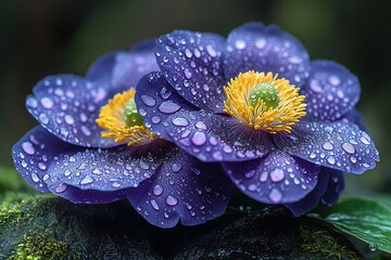 Two purple flowers with yellow centers are covered in raindrops