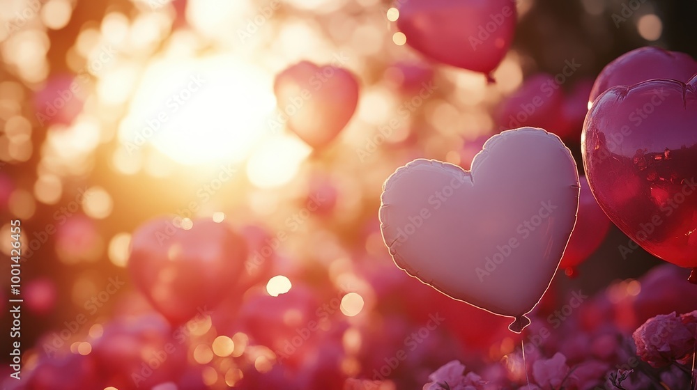 Poster a single white heart-shaped balloon floats amongst a sea of red heart-shaped balloons, illuminated b