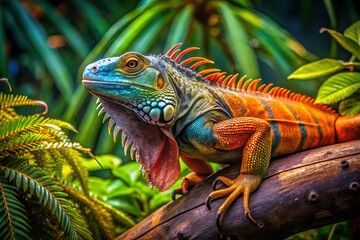 Obraz premium Colorful Iguana Relaxing on a Tropical Branch Surrounded by Lush Greenery in a Sunny Environment