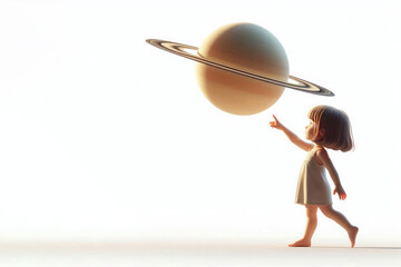 A little girl points her finger at the planet Saturn. Space for text.