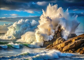 Dramatic ocean wave crashes against rocky shoreline, sending plumes of spray high into the air, capturing the raw power and beauty of the sea.