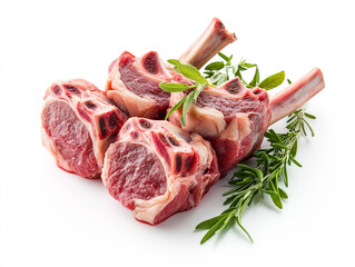 Pieces of meat with a bunch of rosemary on top. 