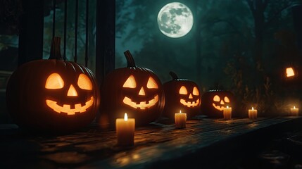 Fototapeta premium A row of carved pumpkins with smiling faces, illuminated by candles under a full moon.