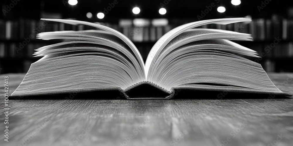 Poster an open book with pages fanned out, resting on a wooden surface, with blurred lights and bookshelves