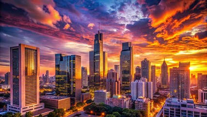 Obraz premium Dramatic urban evening scene with sleek skyscrapers and majestic architecture set against a vibrant pink and orange sunset-lit sky with subtle cloud texture.