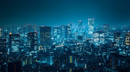 Naklejka premium A vibrant city skyline illuminated by blue lights, showcasing tall buildings and a dynamic urban atmosphere at night.