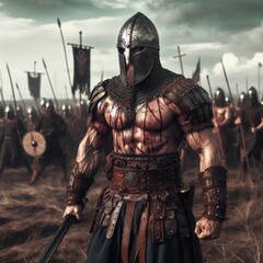 Fototapeta premium A brave warrior in a helmet against the background of his army.