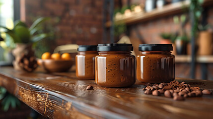 wide food packaging mockup photo of glass containers in order, set of brown peanut butter jars without label, mockup on wooden table and raw nuts around  