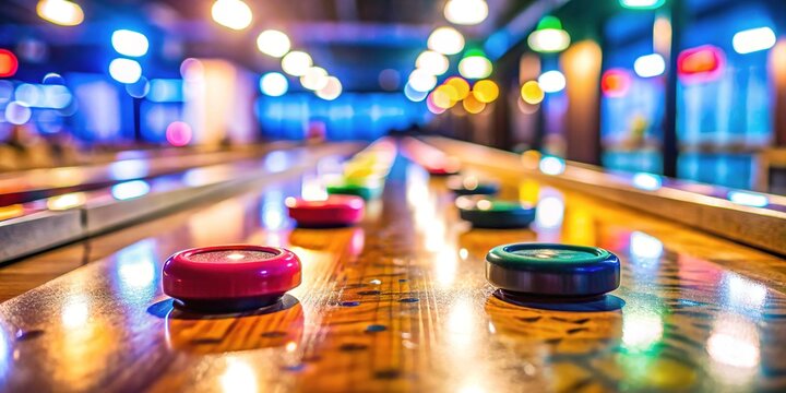 Colorful Shuffleboard Stick with Colorful Pucks on a Brightly Lit Shuffleboard Table Surface