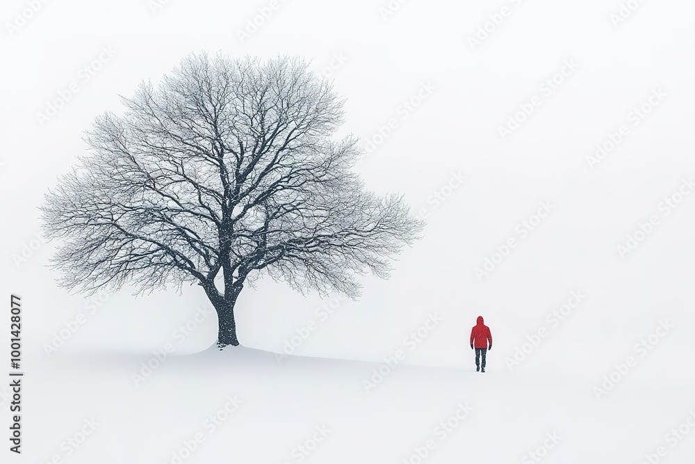 Aufkleber a man in a red jacket walks in front of a tree in the snow