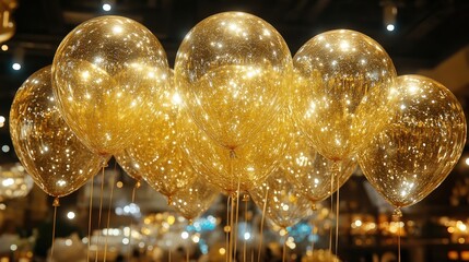 A cluster of golden balloons, each shimmering with a thousand tiny lights, creates a breathtaking spectacle of celebratory ambiance.