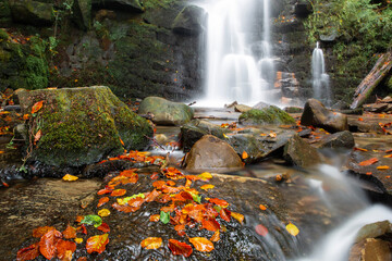 Wodospad na górskim potoku w lesie jesienią © Michal Przystas