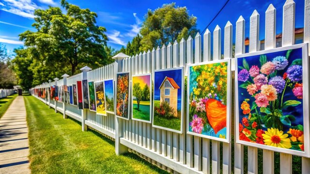 Colorful Yard Sale Posters Displayed on a White Fence with Bright Blue Sky in the Background
