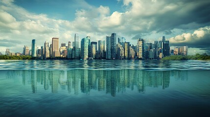 Fototapeta premium A serene city skyline reflected in calm waters, surrounded by lush greenery and dramatic clouds, showcasing a blend of urban and natural beauty.