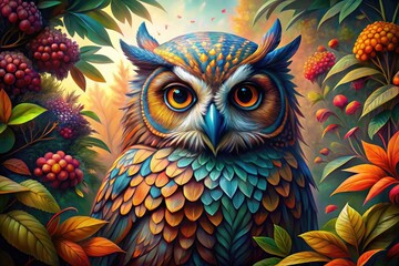 Fototapeta premium Captivating Owl Painting with Intricate Details and Rich Colors in a Nature-Inspired Setting