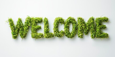 Welcome Sign Made of Grass - Green Letters on White Background