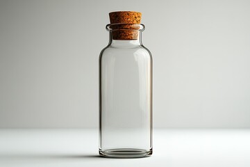 A clear glass bottle with a cork stopper