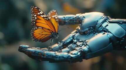 a butterfly that lands on a robot's hand