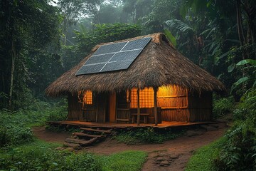 Fototapeta premium A small hut with a roof made of leaves and a solar panel on the roof