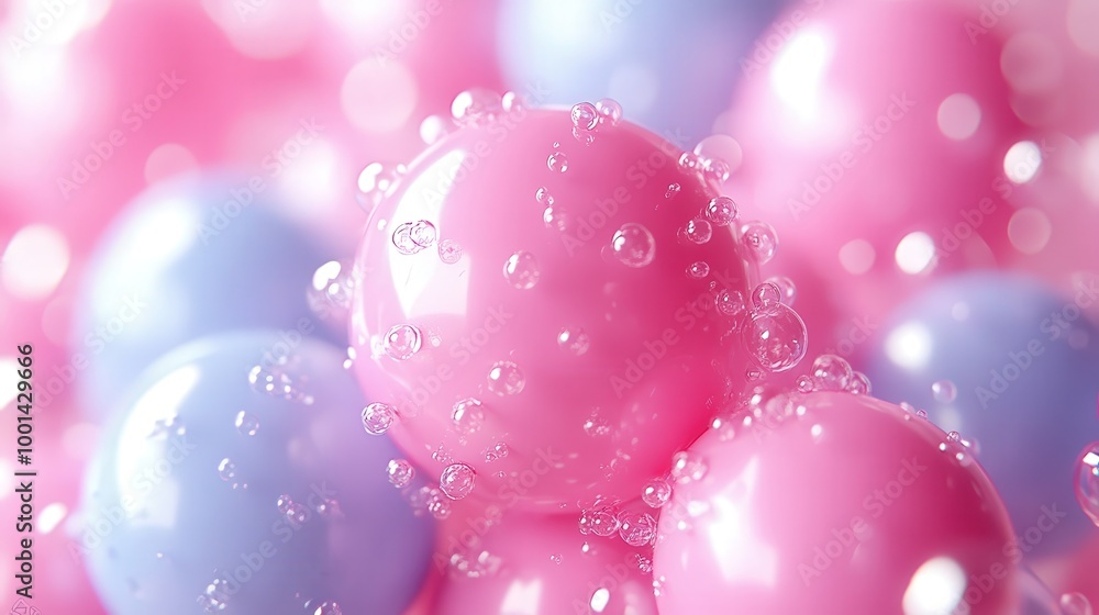 Poster a cluster of pink and blue spheres, each covered in tiny transparent bubbles, creating a dreamy and 