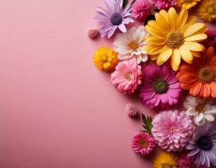 Fototapeta premium Colorful flowers on a pink background. Copy space.