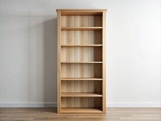 Empty wooden bookshelf with clean white background, awaiting personalization, featuring five adjustable shelves and a simple, modern design ideal for customization or decoration.
