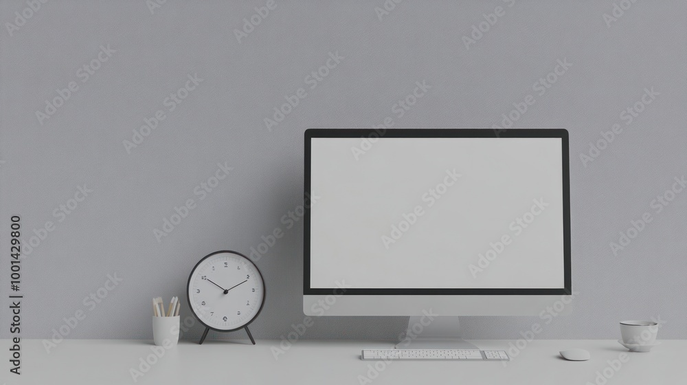 Poster minimalist workspace with desktop computer