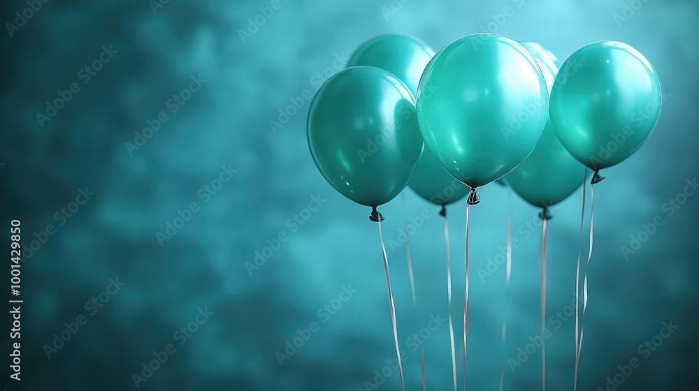 Poster a cluster of turquoise balloons floating against a softly blurred teal background, their delicate st