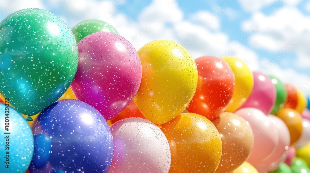 Poster a row of colorful balloons with a glittering texture, reflecting the sunlight against a blue sky wit