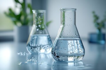 Two glass beakers filled with water and a few droplets of water on a table
