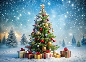 Obraz premium Festive Christmas Scene With Decorated Tree, Presents, And Ornaments Atop A Snowy Background