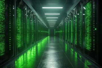Fototapeta premium Modern Data Center with Green LED Lights and High-Tech Server Racks in a Secure Facility
