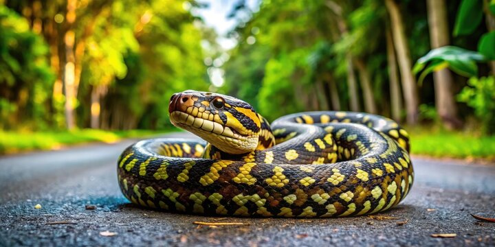 Carpet Python Curled Up on a Road Surrounded by Lush Greenery in a Natural Outdoor Setting