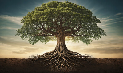 A large tree with sprawling roots stands against a cloudy sky, its branches reaching upwards