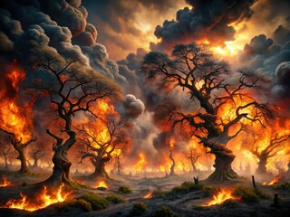 Fiery flames engulf a desolate, dark landscape, with twisted, gnarled trees and sulfurous smoke billowing upwards, evoking a sense of eternal torment and despair.