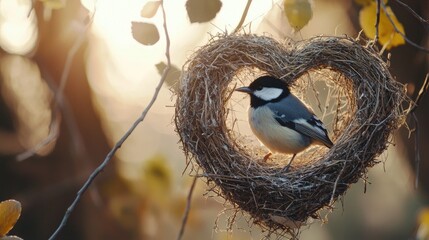 A pair of birds building a nest together, with the nest gradually taking on a heart shape as the camera documents their careful construction.