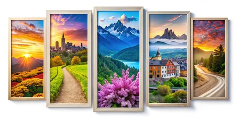 Five colorful rectangular frames hold vibrant images of diverse scenery, including mountains, sunsets, cityscapes, and botanicals, arranged on a white background in a collage.