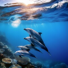 Obraz premium 海を背に、数頭の青いイルカが弧を描くように飛び跳ねている。太陽の光が水面に反射し、イルカの視線な体がキラキラと輝きながら、楽しそうに海を駆け抜けていく瞬間 
