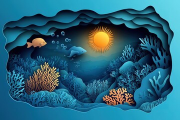 A paper cutout of a blue ocean scene with fish swimming and a sun in the sky