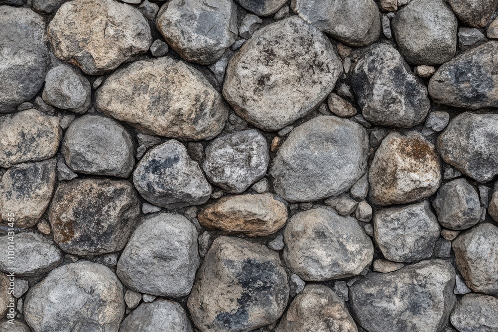 Poster texture of a smooth gray stone wall with uniform rounded rocks arranged in straight rows