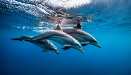 Obraz premium 海を背に、数頭の青いイルカが弧を描くように飛び跳ねている。太陽の光が水面に反射し、イルカの視線な体がキラキラと輝きながら、楽しそうに海を駆け抜けていく瞬間 
