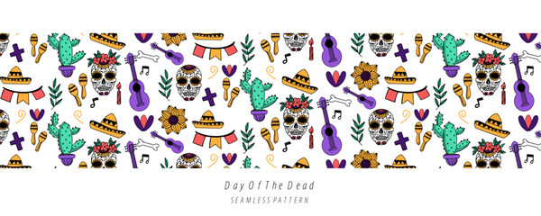 day of the dead skull hat flower decoration background seamless background
