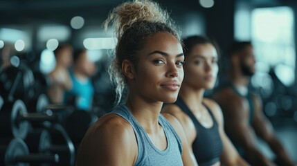 Fototapeta premium A diverse group of people working out in a gym, with various exercises and equipment being used.