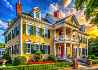 Fototapeta premium Charming American Colonial Style Architecture Featuring Elegant Facades and Classic Design Elements