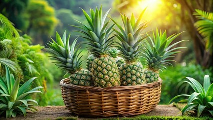 Fototapeta premium Fresh bright green pineapple tops sprout from a bundle of young pineapple plants, nestled in a wicker basket, surrounded by lush greenery and natural tones.